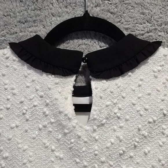 Elle Womens Top S‎ White Black Collar Popcorn Textured - Preppy Cosplay Academia - Picture 8 of 11